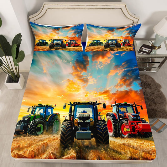 Tractors Bed Sheet Set Sunset Bedding Set for Kids Boys Girls Children Specialized Machinery Fitted Sheet Ultra Soft Decor Heavy Machinery Cars Colorful Bed Cover No Flat Sheet Twin Size
