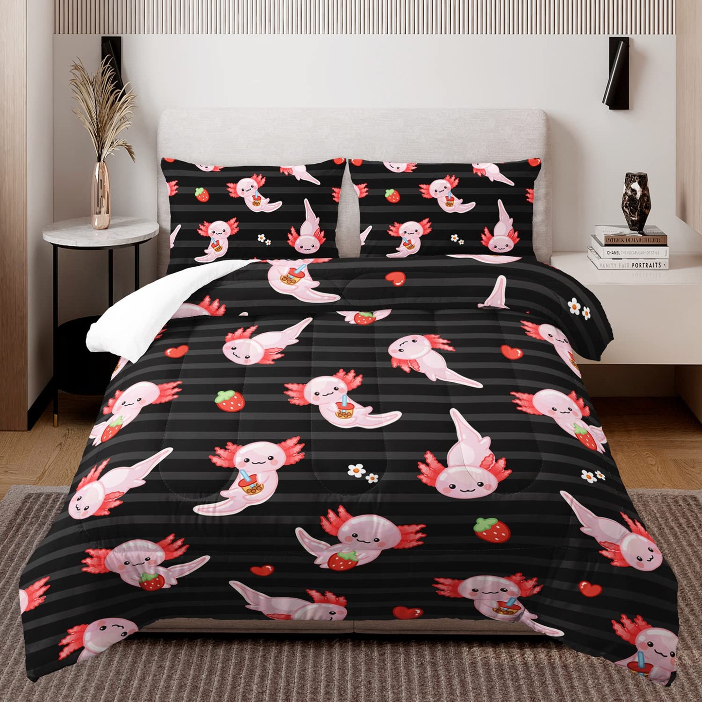 HOSIMA Kids Black Full Size Comforter Sets 3 Pieces,Cartoon Axolotl Bedding Sea Wildlife Cute Animals Theme Room Decor,Kawaii Bedding Set Strawberry Comforter with 2 Pillowcases.