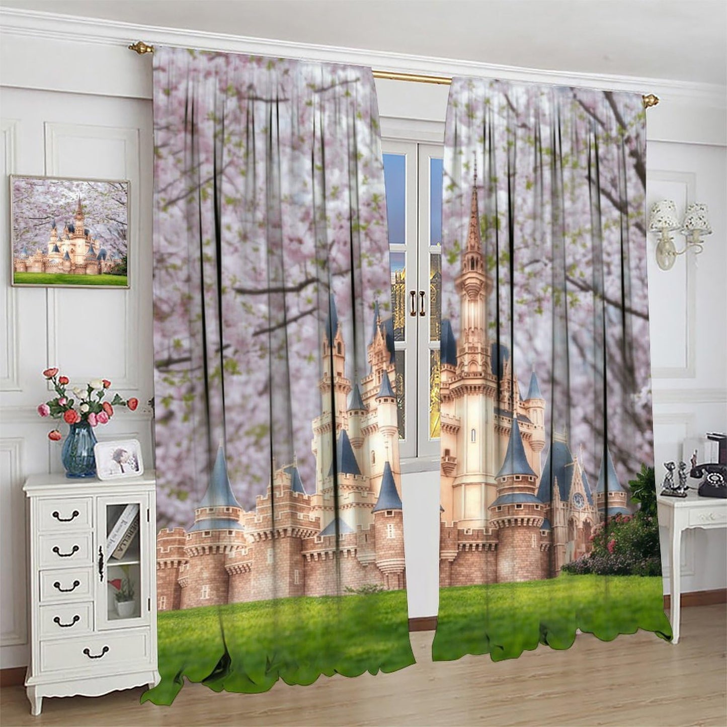 Princess Castle Curtains For Kids Romantic Fairy Tale Castle Flower Garden Rod Pocket Window Treatments for Girls Boys Children Bedroom Nursery Living Dining Room 2 Panels Set 41x 45 in （No Blackout）