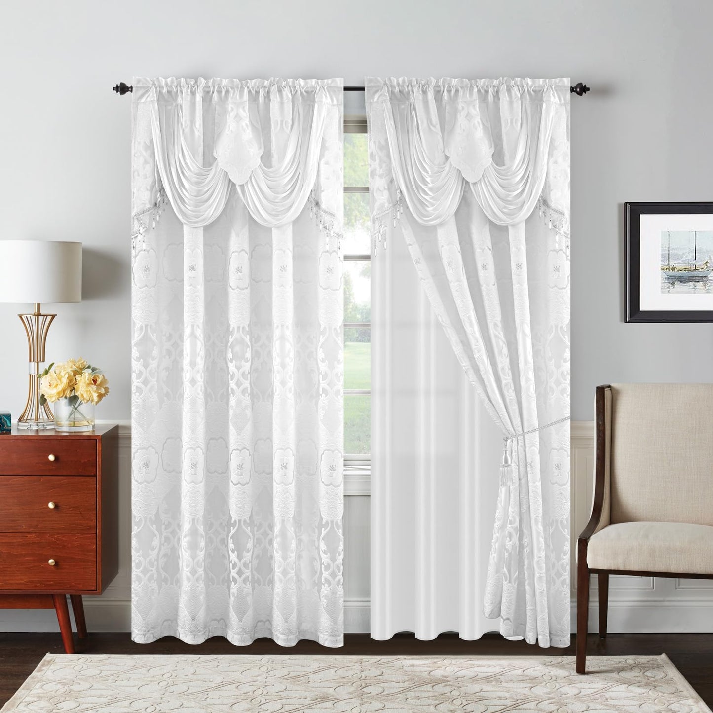 Petrichor White Sheer Jacquard Voile Curtains （54" W x 84" L）, 2 Panels with Attached Valance, Double Layer Floral Cutwork Design with Luxurious Texture, Rod Pocket, for Bedroom & Living Room