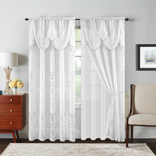 Petrichor White Sheer Jacquard Voile Curtains （54" W x 84" L）, 2 Panels with Attached Valance, Double Layer Floral Cutwork Design with Luxurious Texture, Rod Pocket, for Bedroom & Living Room
