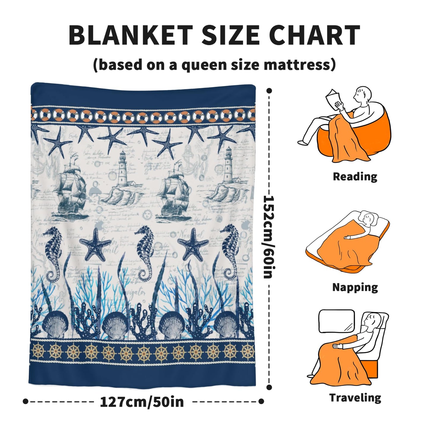 Arktrident Nautical Sailboat Throw Blanket Ocean Starfish Lightweight Bed Blankets Soft Cozy Plush Fleece Flannel Blankets for Couch Sofa Bed 50"x 60"