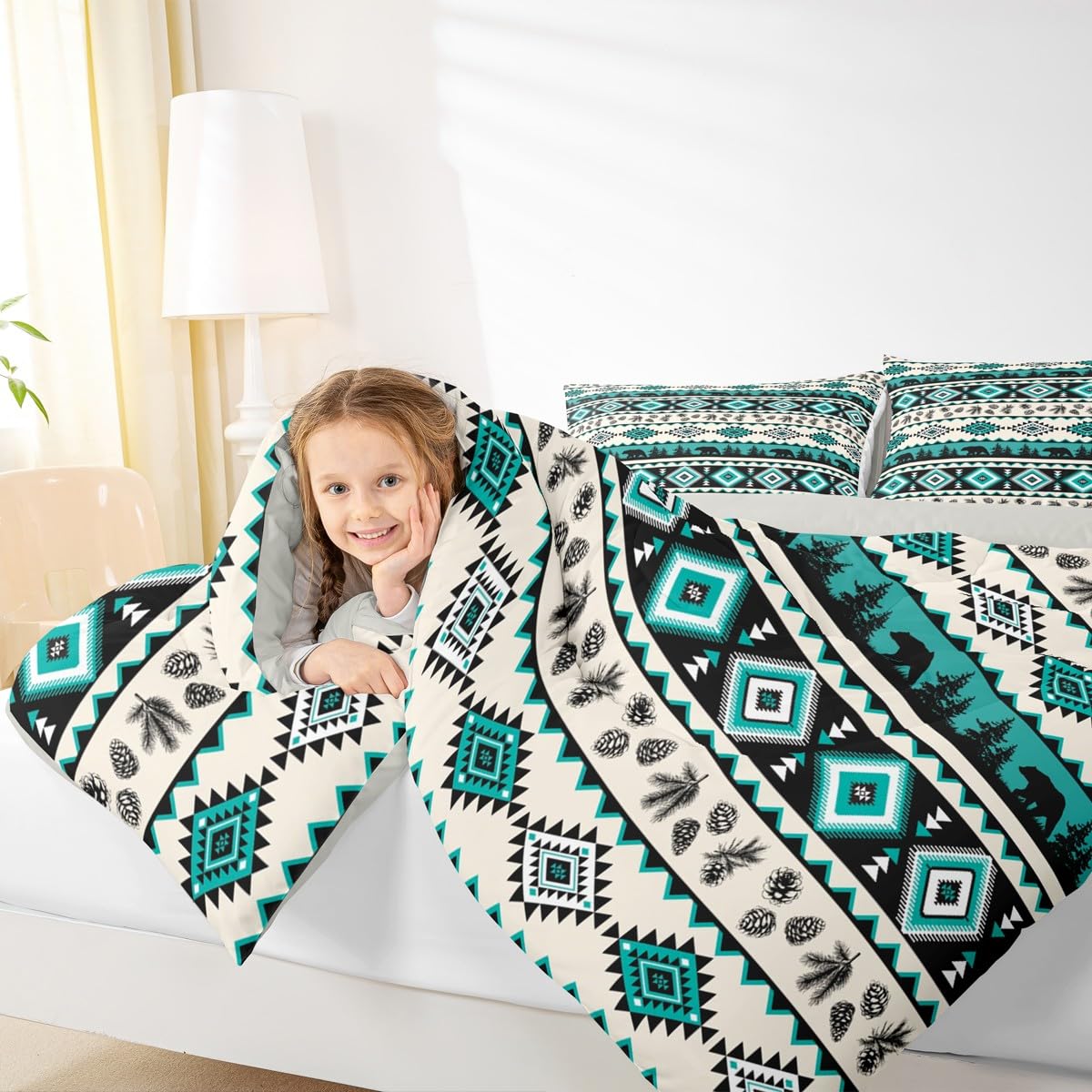 Green Aztec Pattern Kids Comforter Set,Ethnic Geometric Stripes Down Alternative Adults Bedroom Decor,Southwest Tribal Style Bear Wild Animals Ultra Soft Inner Fill 3Pcs Bedding Queen Size