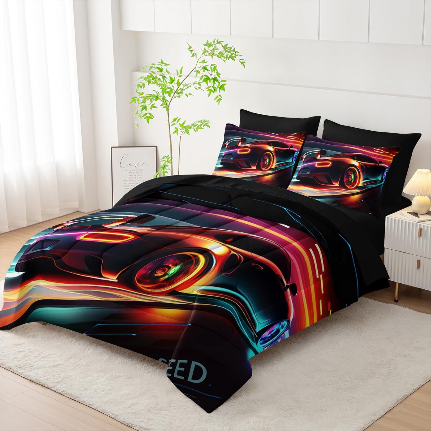 AILONEN Kids 3D Racing Car Comforter Sets Full Size,Extreme Sports Theme Bedding Set Bed in a Bag for Boys Teens,Modern Race Car Comforter & Fitted Sheet + Flat Sheet & 2 Pillowcases,2 Pillow Shams