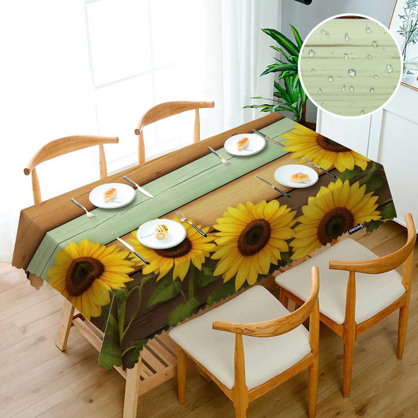Swono Rectangle Tablecloth Sunflower Table Cover 52x70 Inch Retro Sunflowers On Wooden Board Table Cloth for Rectangle Tables Decorative Tablecloth for Dining Party Camping BBQ
