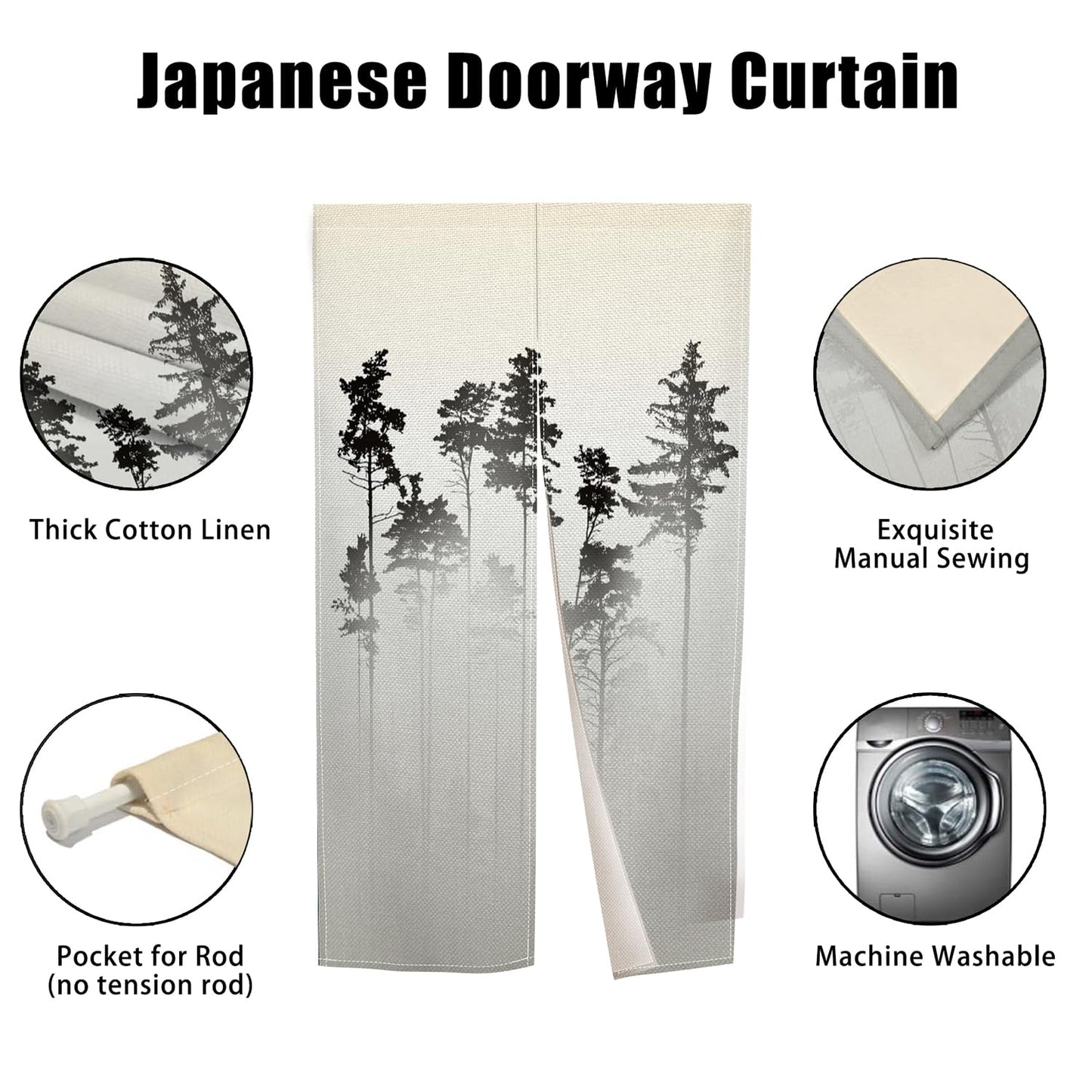 XMJJKUF Japanese Noren Doorway Curtain Long Style Japanese Window Treatment Tree Printed Door Curtain Tapestry Panel for Hanging Ukiyoe Room Divider Kitchen Home Decors(Ink,Trees),33.5"x 70.9"