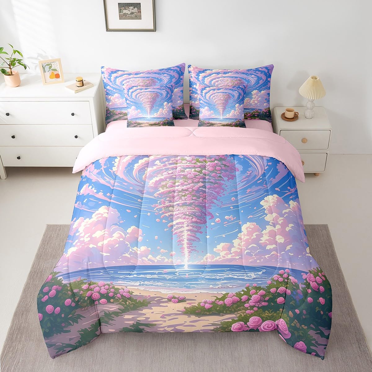 Erosebridal Sea of Floral Comforter Set Queen,Romantic Storm Tornado Bedding Set 7Pcs for Kids Girls Women,Summer Pink Cloud Quilt,Geometric Hurricane Tornadoes Bed in a Bag