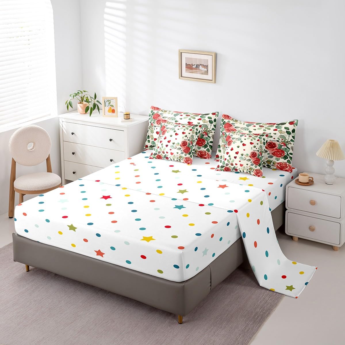 Erosebridal Valentine Rose Queen 7 Piece Bedding Set - Romantic Red Love Roses Floral Comforter Set with Sheets for Kids Adults Couple Room Decor, Green Leaf Bed in a Bag with Fitted + Flat Sheet