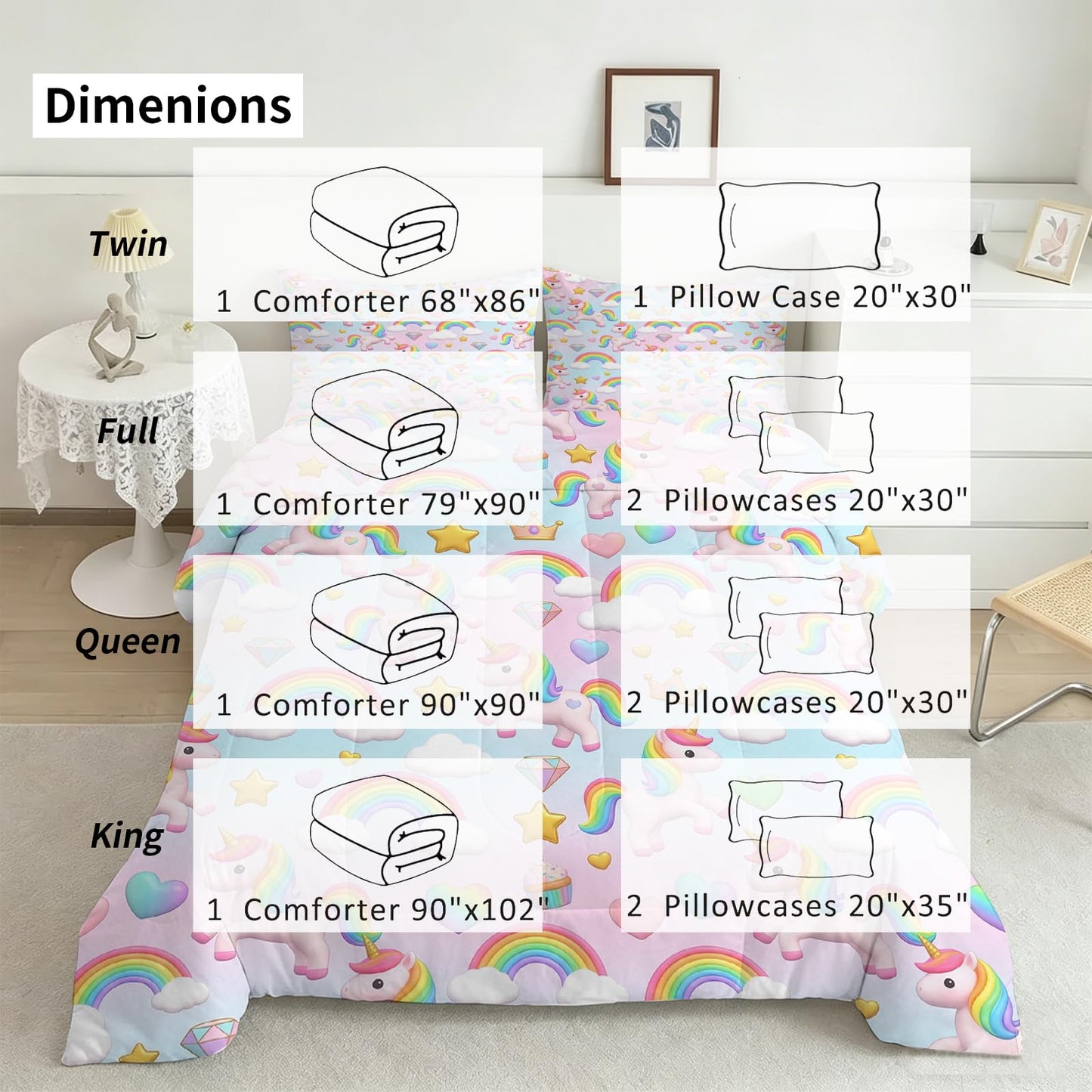 DJNEAR Kids Twin Comforter Sets for Girls, Cute Rainbow Unicorn Printed Kids Bedding Set, Cartoon Fantasy Room Decor for Girls, Lightweight Breathable All Season 1 Comforter 1 Pillowcase