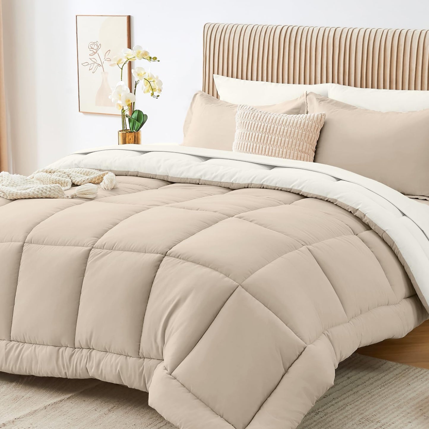 Sasttie Queen Comforter Set, 7 Pieces Reversible Bed in a Bag Queen, Complete Bedding Set Includes Comforter, Flat Sheet, Fitted Sheet, Pillowcases and Pillow Shams, Beige & Ivory