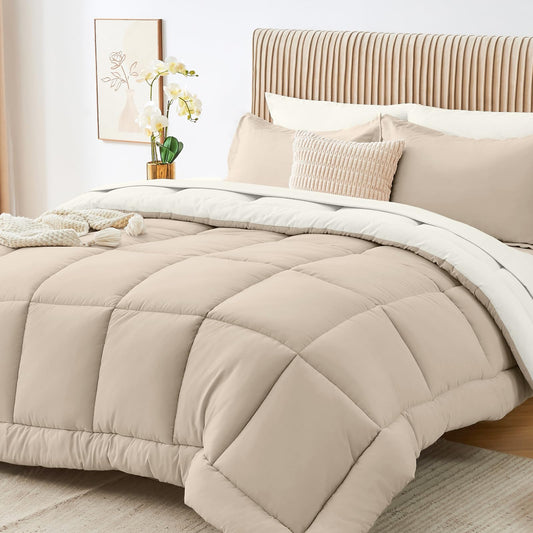 Sasttie Queen Comforter Set, 7 Pieces Reversible Bed in a Bag Queen, Complete Bedding Set Includes Comforter, Flat Sheet, Fitted Sheet, Pillowcases and Pillow Shams, Beige & Ivory