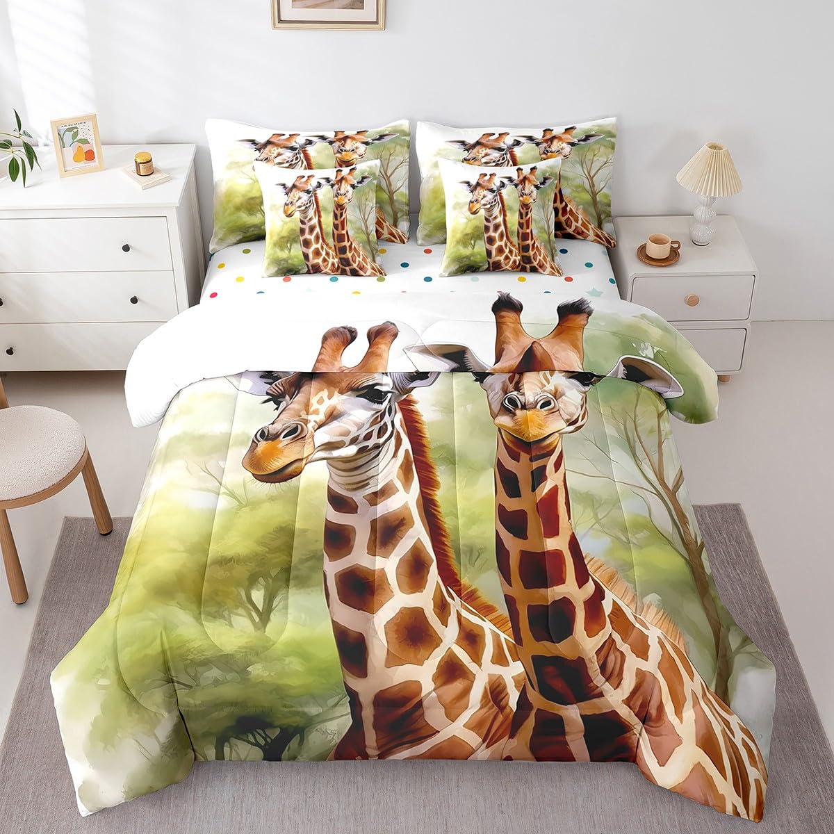 Erosebridal 7 Piece Giraffe Twin Comforter Set with Sheets,Cute Giraffe Bedding Set for Kids Girls Boys,Zoo Animal Print Bed Set,Wild Animals Safari Bed in a Bag with Fitted+Flat Sheet,Pillowcases