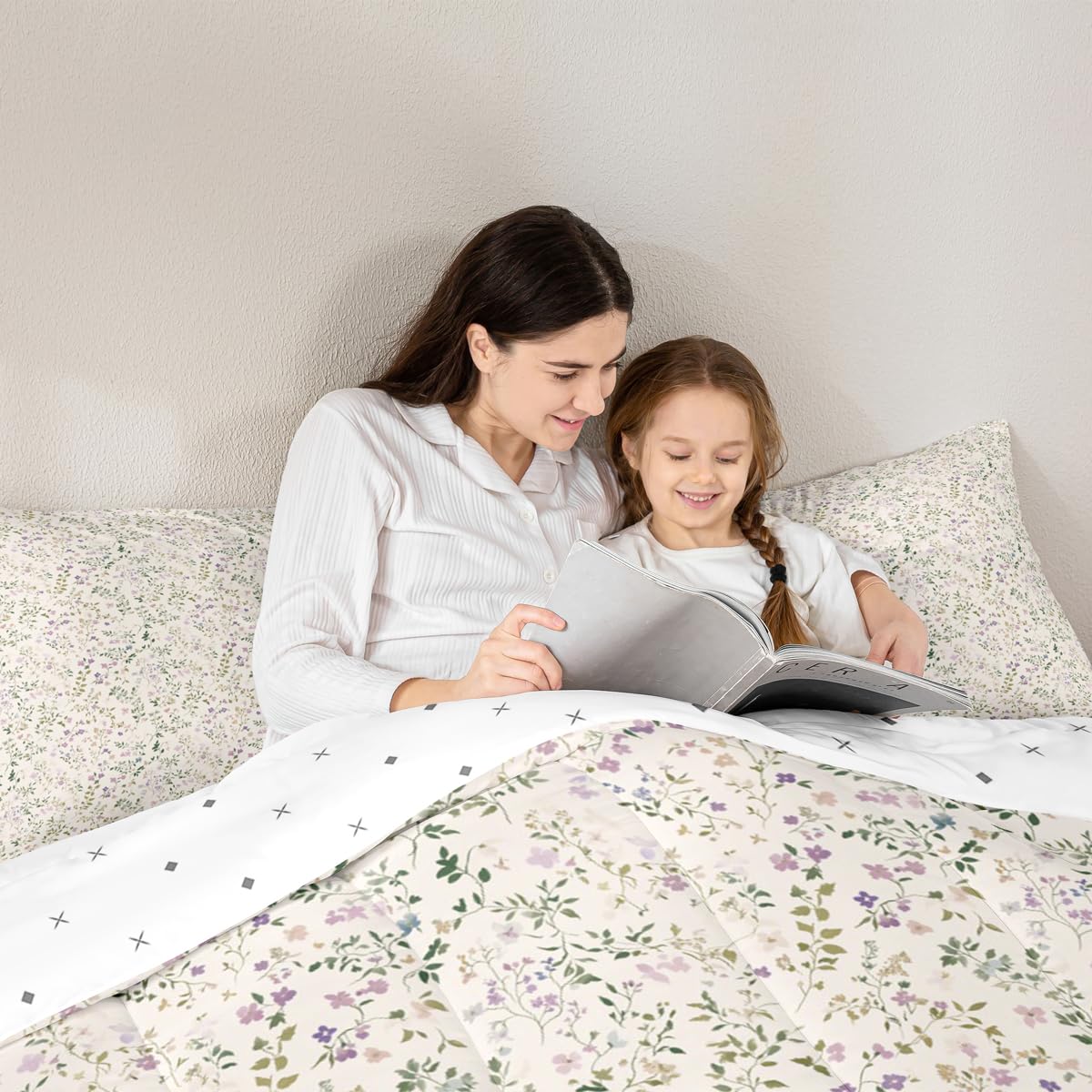 Feelyou Floral Comforter Set All Season Plant Bedding Set with 2 Pillow Cases Farmhouse Garden Microfiber Kids Full Bedclothes Cute Bedroom Decor White Beige Duvet Quilt Breathable Soft Lightweight