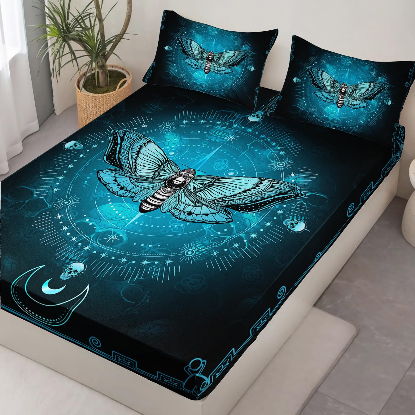 HOSIMA Goth Bedding Set 3 Pieces,Death Moth Skull Heads Fitted Sheet Bed in A Bag Full Size for Adults Boys Girls Room Decor,Horror Theme Halloween Bedding Butterfly Bed Set.