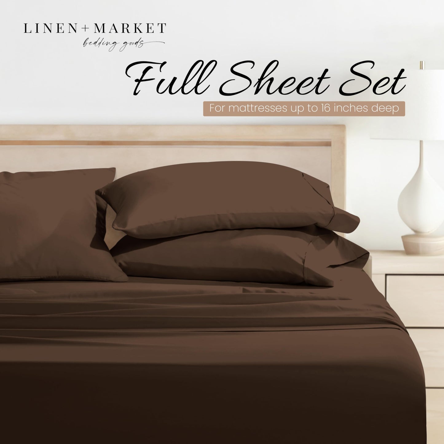 Linen Market Brushed Microfiber Full Sheet Set 4 Piece – Oeko-TEX Certified Ultra Soft & Wrinkle-Free - 16" Deep Pocket Sheets - Easy Care Full Size - Chocolate