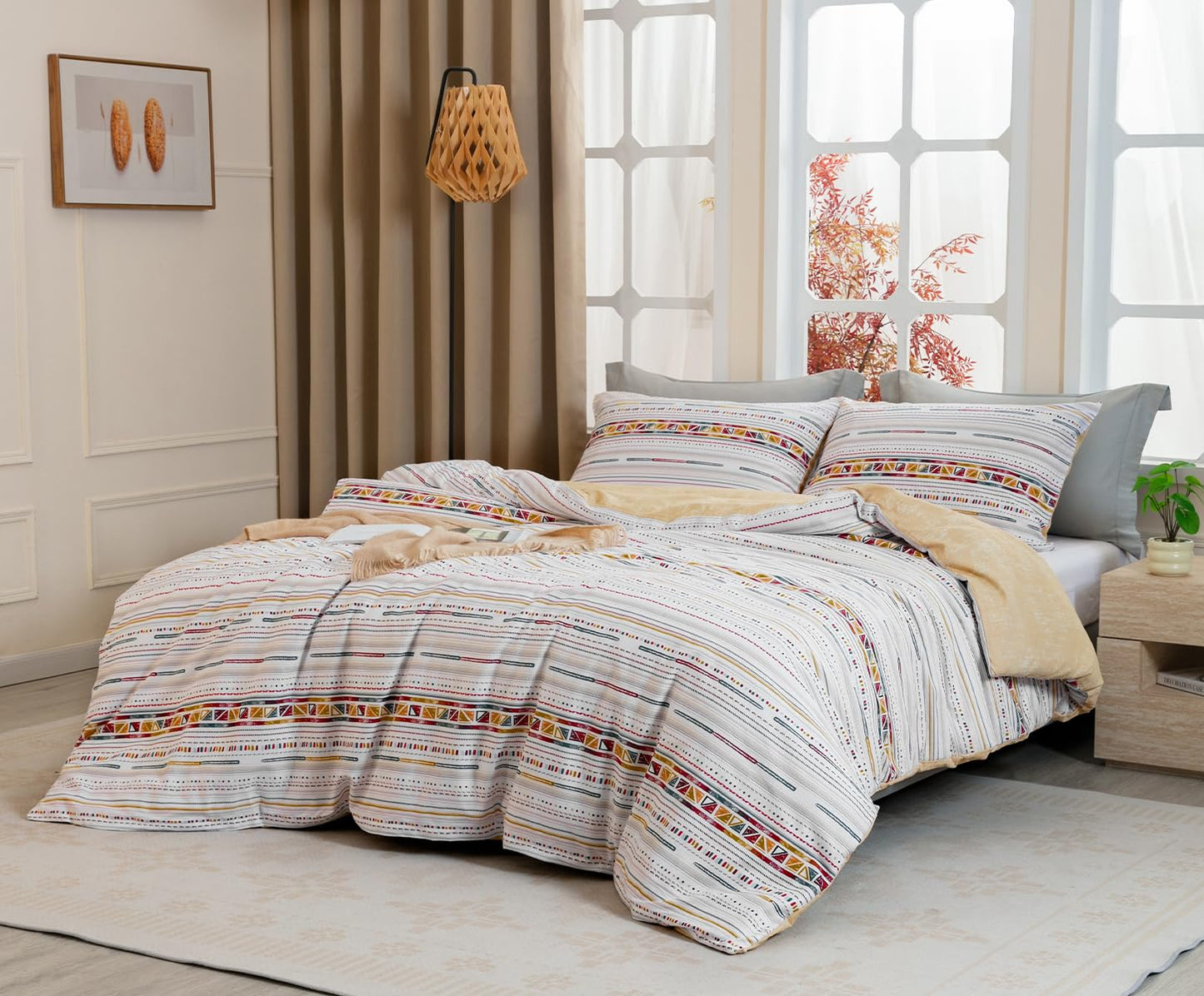 SLEEPBELLA Comforter Queen Size, 600 Thread Count Cotton Yellow Boho Pattern Light Yellow Reversible Comforter Set,Down Alternative Bedding Set 3Pcs(Queen, Yellow Boho)