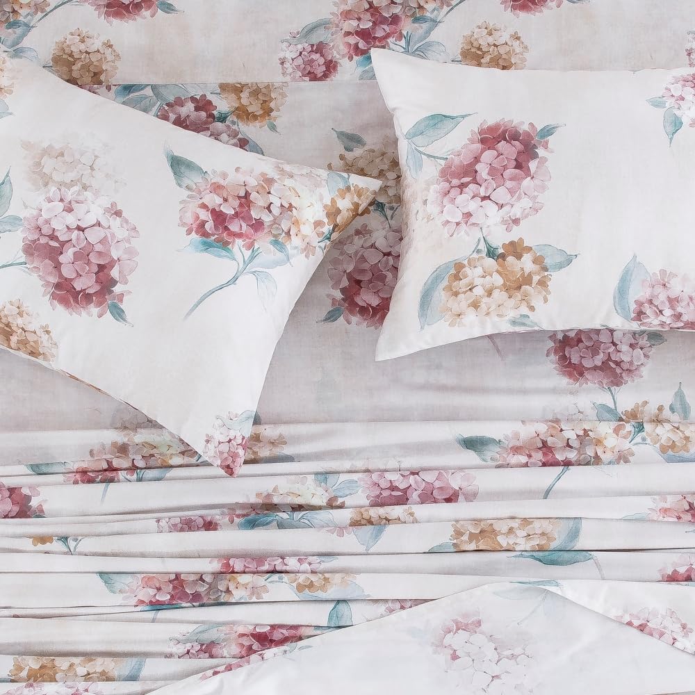 DAUAOTO King Size Printed Sheets Set, 100% Cotton Bedding Sets, Up to 14" Deep Mattress, Floral Pattern Bedlinen Set, Hydrangea Blush