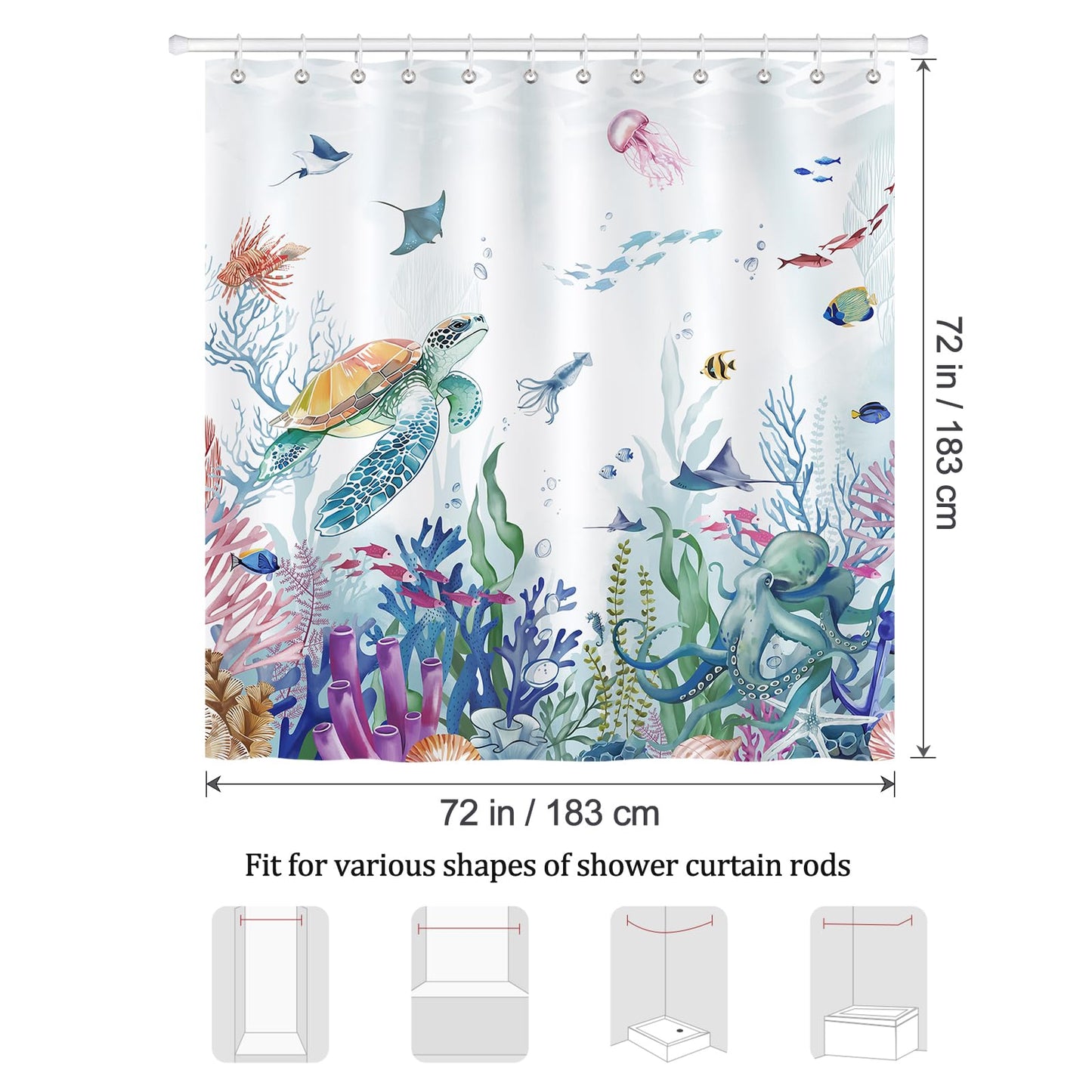 Bonhause Ocean Shower Curtain, Underwater Turtle Fish Coastal Beach Bathroom Decor 72 x 72 Inch Polyester Fabric Waterproof Bath Curtain with 12 Hooks