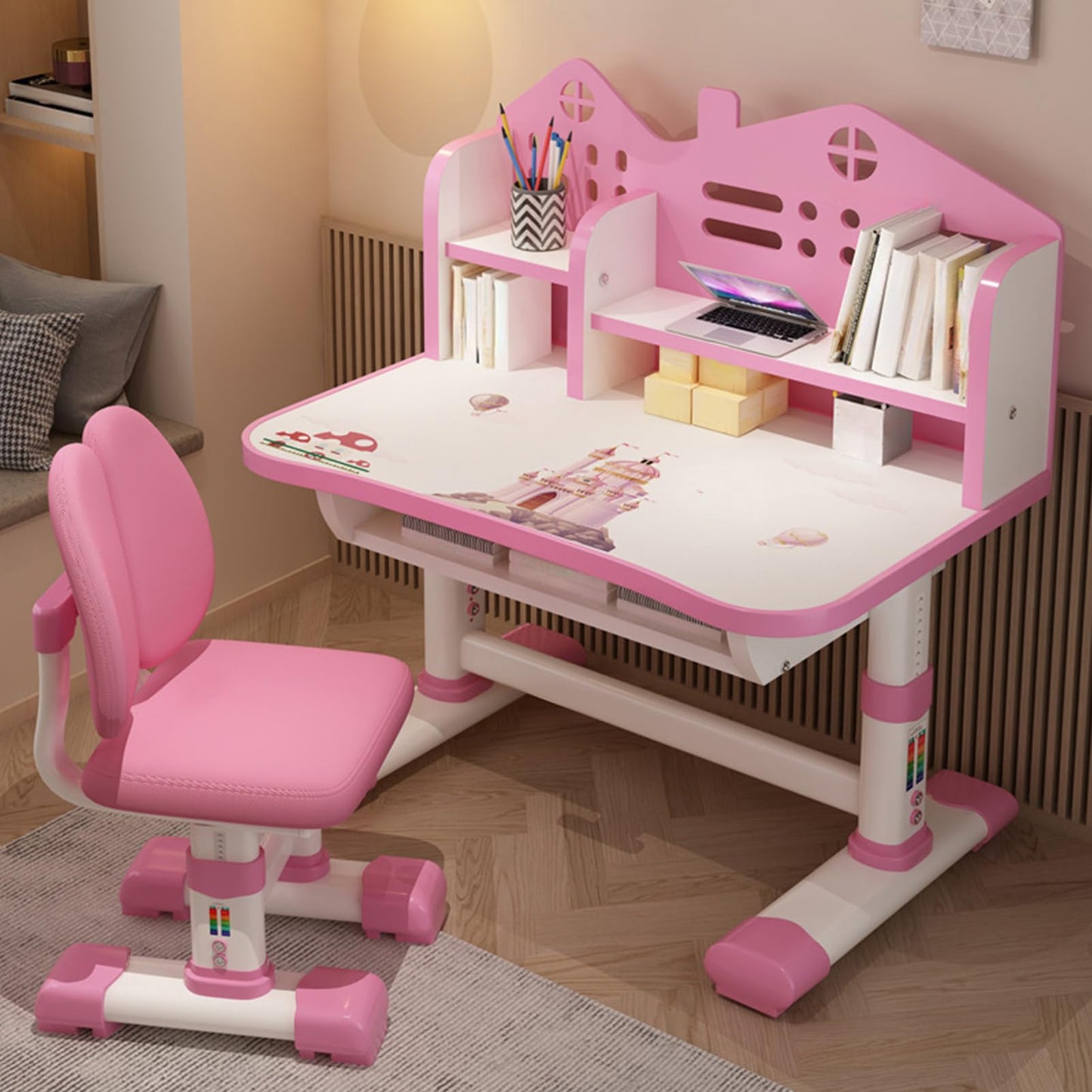 ZTGD Kids Adjustable Study Desk & Chair Set w/Storage,Drawers,Bookshelf,Child Toddler Writing Homework Table,Little Girl Work Computer Desk,Princess Preschool Table (Pink B)