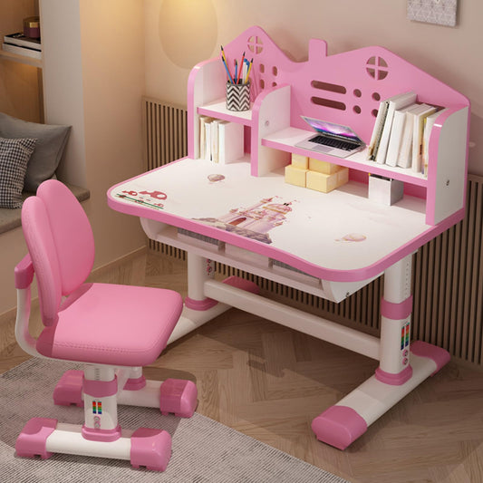 ZTGD Kids Adjustable Study Desk & Chair Set w/Storage,Drawers,Bookshelf,Child Toddler Writing Homework Table,Little Girl Work Computer Desk,Princess Preschool Table (Pink B)