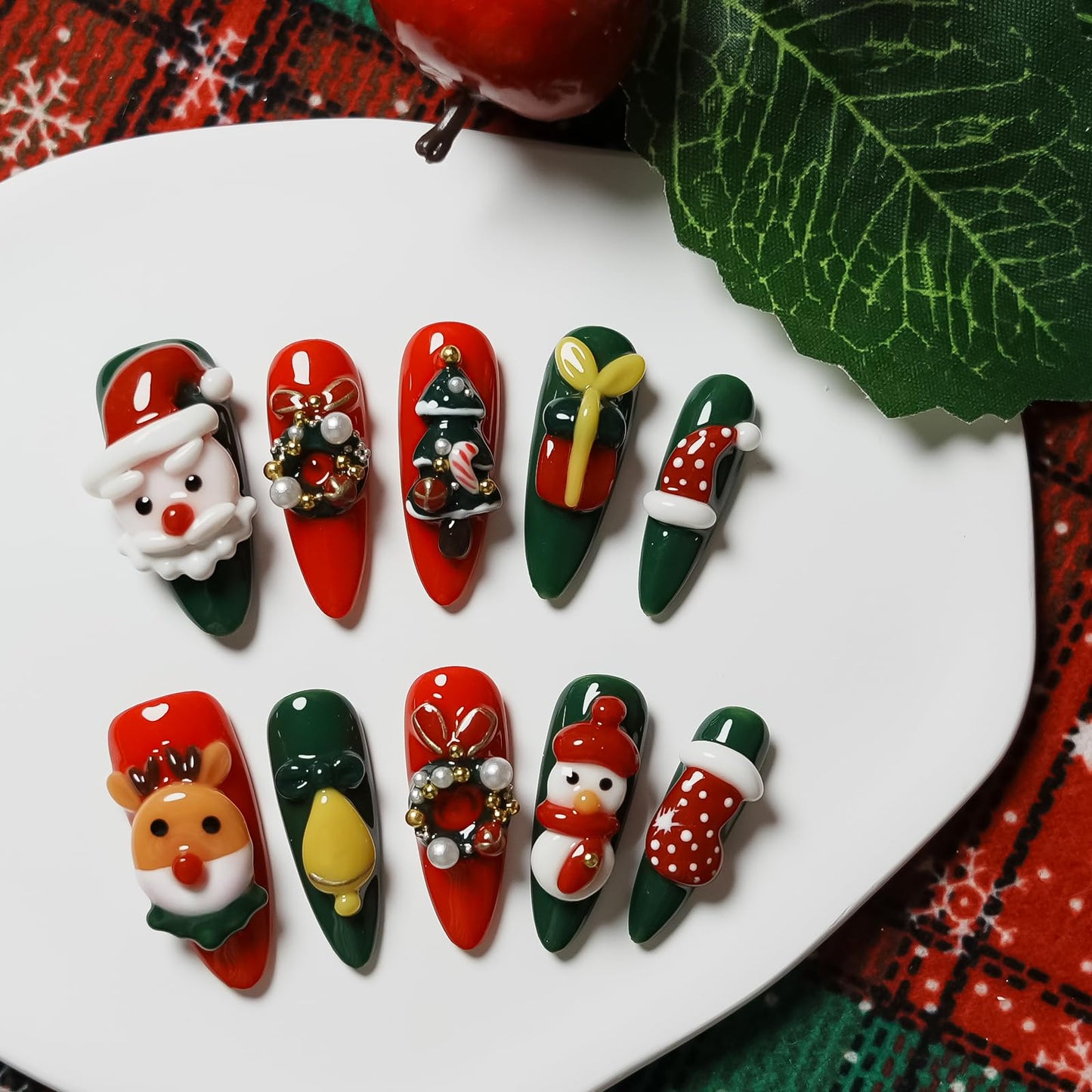 Tesytto Handmade Red & Green Press on Nails Long Oval - Cute 3D Cartoon Character Design, Luxury Glitter Sparkly Fake Nails, Reusable Salon Quality (Holiday Carnival,M)