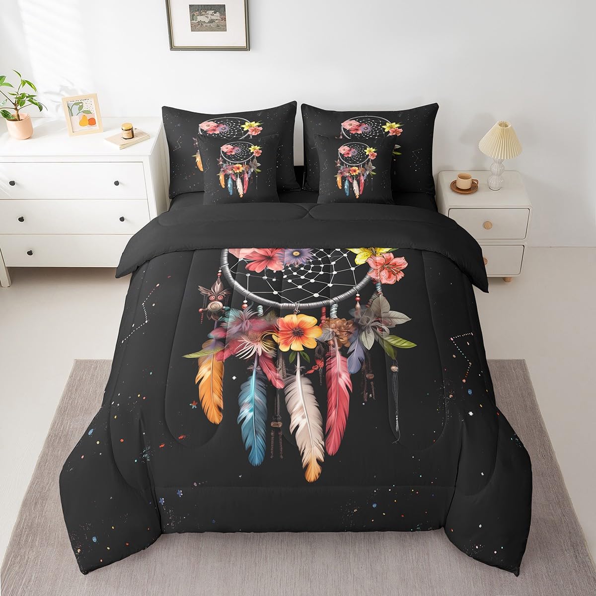 Erosebridal Bohemian Dream Catchers 7 Piece Comforter Set Full Bed in a Bag,Colorful Feather Floral Bedding Sets Flowers Dreamcatcher Sheet Set with Comforter