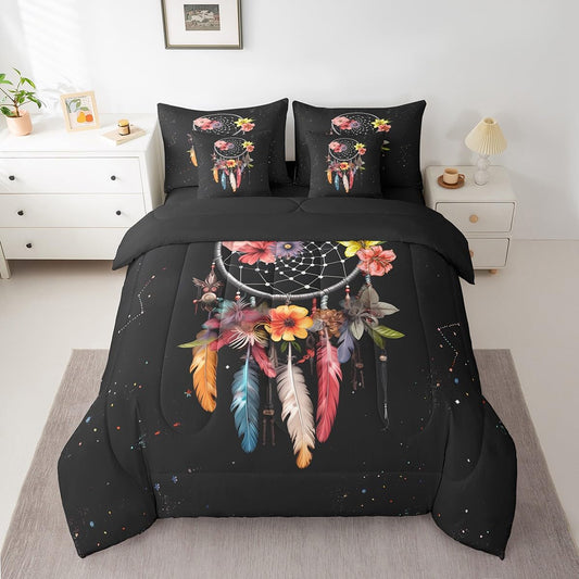 Erosebridal Bohemian Dream Catchers 7 Piece Comforter Set Full Bed in a Bag,Colorful Feather Floral Bedding Sets Flowers Dreamcatcher Sheet Set with Comforter