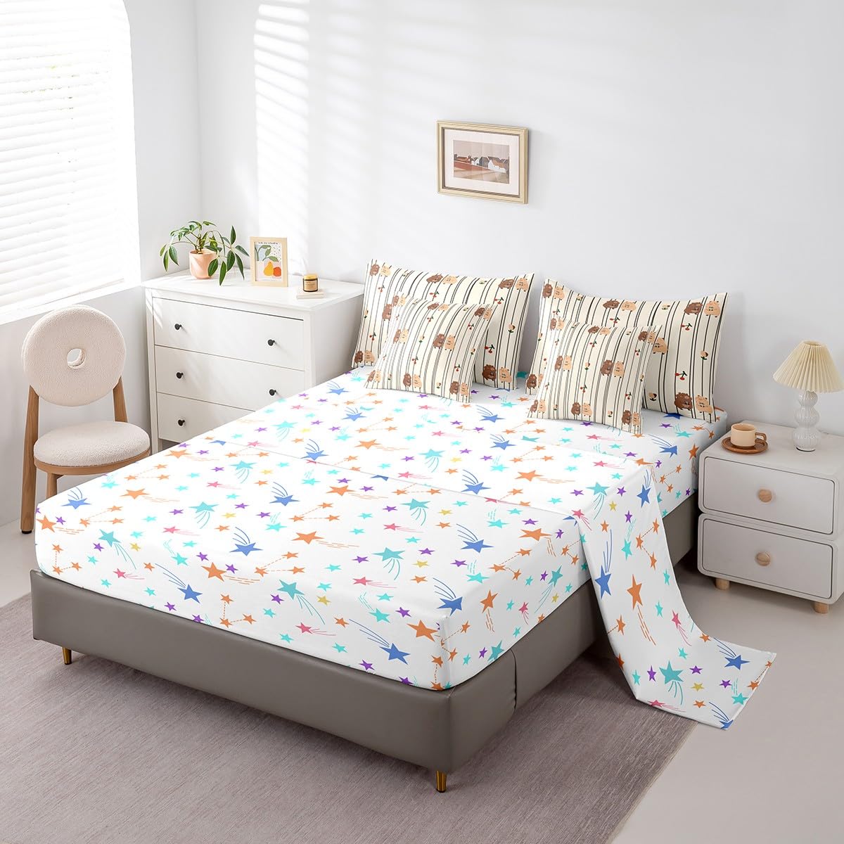 Cute Capybara Twin Comforter Set with Sheets, Lovely Beaver 7 Piece Bedding Set Cherry Fruit Geometric Flowers Pattern Bed in a Bag, Natural Theme Rodents Rodent Animals Print Decor