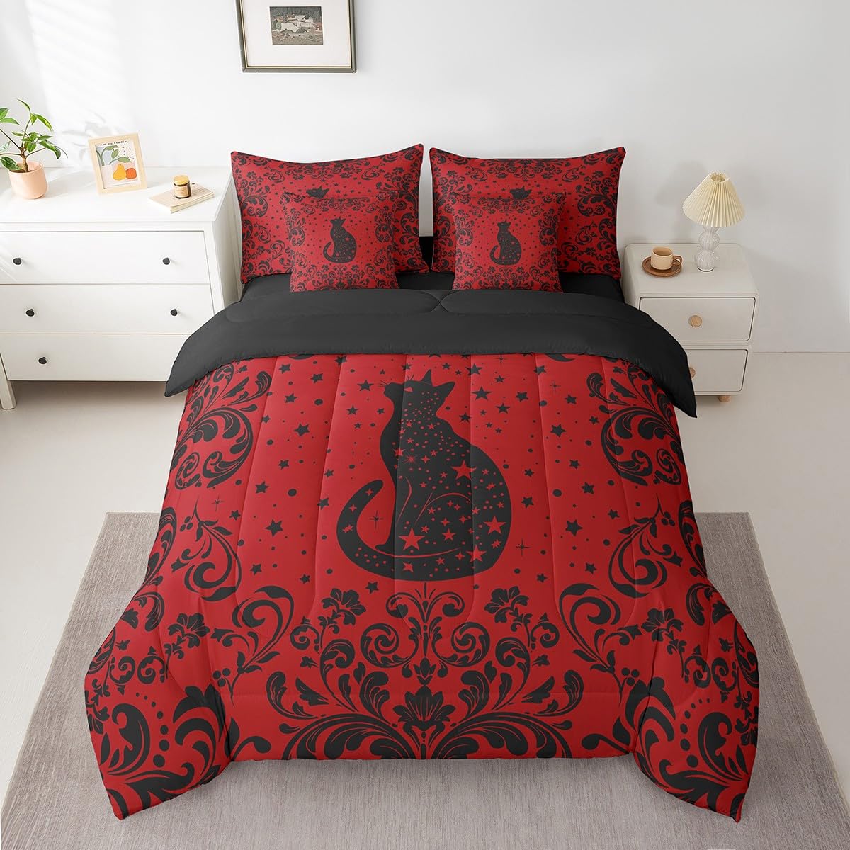 Erosebridal Boho Black Cat Queen Comforter Set 7 Piece for Kids Boys,Black Red Halloween Gothic Bedding Set with Sheet Set Teen Men Exotic Damask Floral Animal Goth Bed in A Bag Stars Cat Bed Set