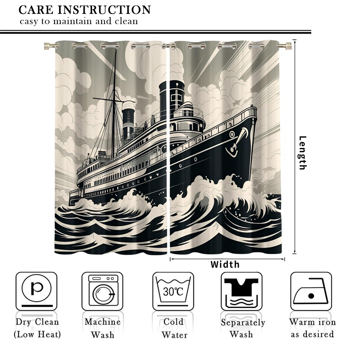 XAFIAUR Vintage Cruise Ship Blackout Curtains, Steamship Curtains for Living Room, Nautical Style Black Out Bedroom Curtain Thermal Insulated Grommet Drapes 2 Panels, for Boys Room 26" W x 63" L x2
