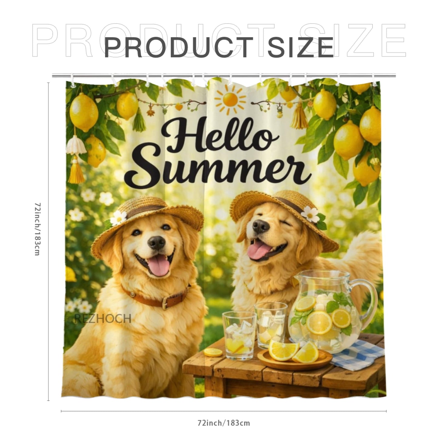 REZHOCH Summer Lemon Fun Golden Retriever Dog Shower Curtain 72x72Inch,Cute Animal Boho Home Bathroom Decor,Yellow Green Farmhouse Woodland Kid Adult Waterproof Fabric Bath Set with Hooks
