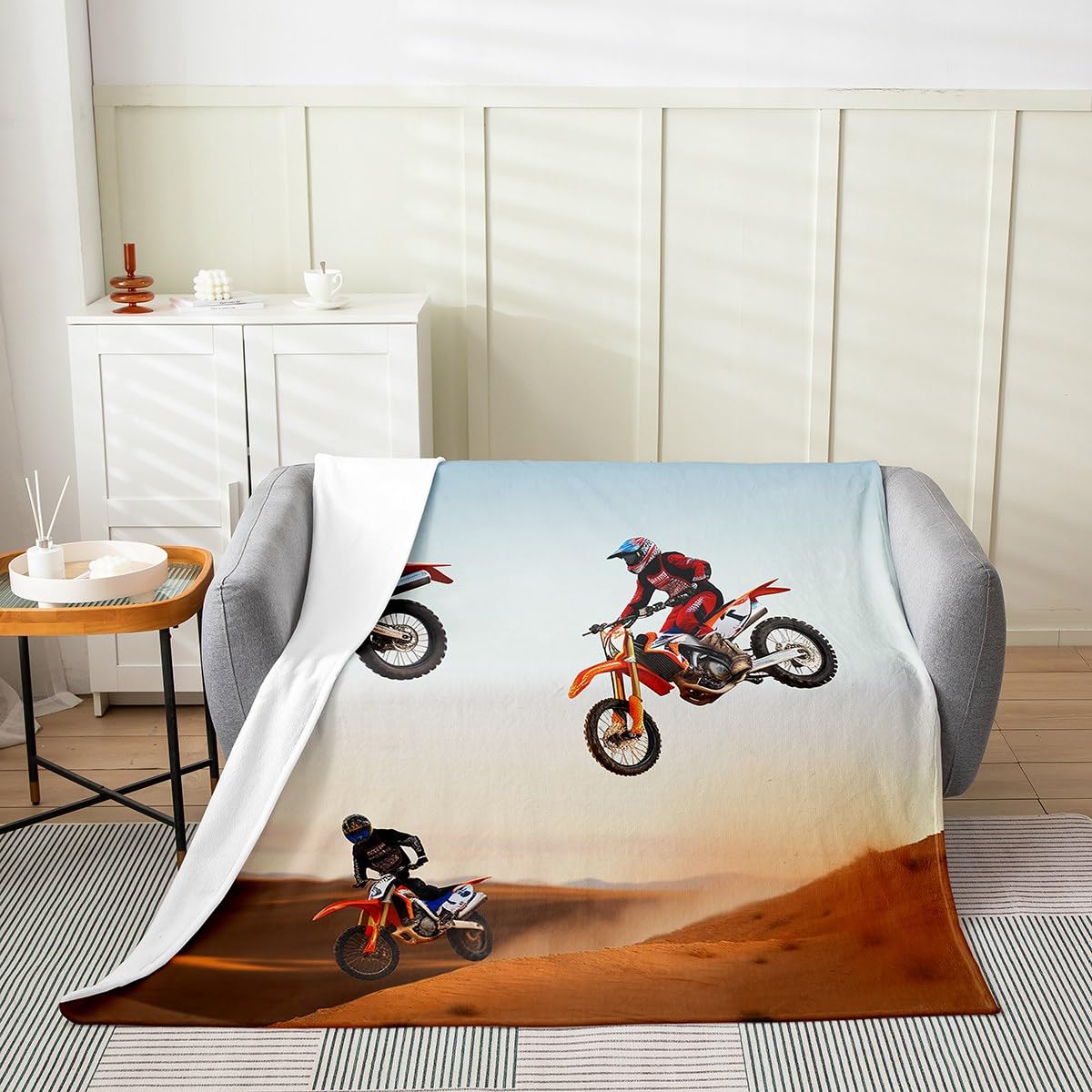 Erosebridal Dirt Bike Blanket for Boys,3D Motocross Print Throw Blanket,Motorcycle Biker Fleece Blanket Lightweight,Extreme Sport Fuzzy Blanket 40x50 Inch