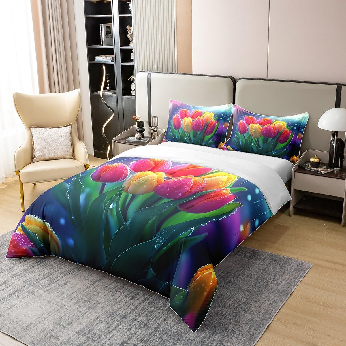 Erosebridal Tulips Comforter Cover Twin Size 100% Cotton Spring Summer Flowers Duvet Cover for Kids Girls Teen Women,Rainy Floral Pink Yellow Tulips Bedding Set Pastel Plants Bed Set