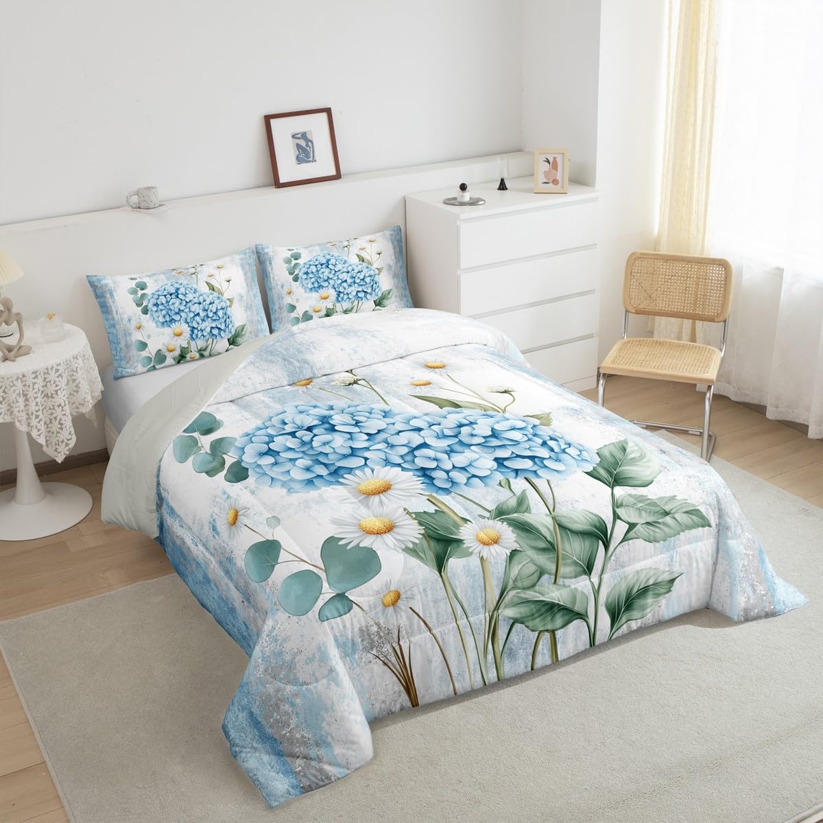 Erosebridal Blue Hydrangea Flower Queen Comforter Set Spring Blossom Bedding Set Abstract Oil Painting Bed Set Watercolor Floral Rustic Farmhouse Quilt Set Ombre Blue Grey Design for Adults