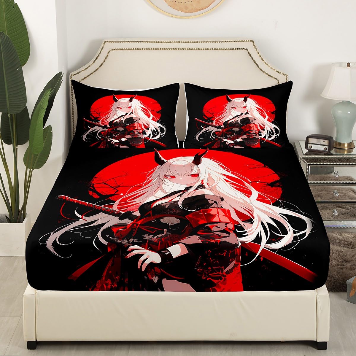 Erosebridal Queen Japanese Anime Bedding Set for Kids, Anime Girl Bed Sheets Kawaii Japanese Style Fitted Sheet Cartoon Japan Animation Bed Set for Boys Teen Adult Women Bedroom,Red Black