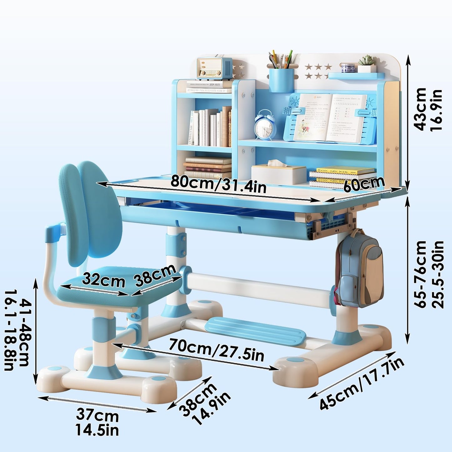 sexaoalx Height Adjustable Study Desk Chair Set for Kids, Children School Study Table Chair Set with Sitting Corrector, Ergonomic Desk Chair with Book Stand, Foot Pedal, Partition Design 2Pcs/Set (P