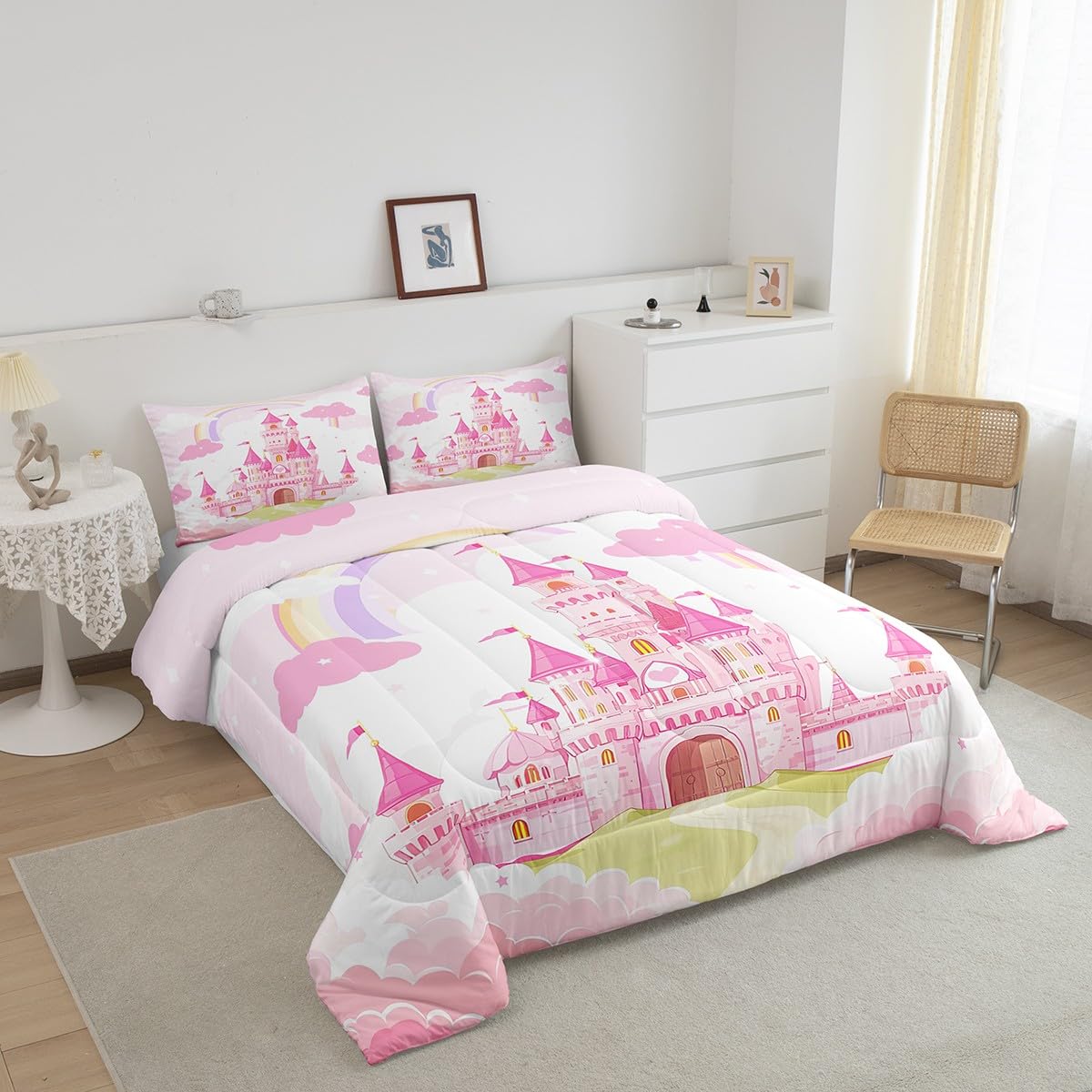 Feelyou Kids Queen Pink Castle Comforter Set Rainbow Castle Bedding Set Girls Princess Comforter Fairy Tales Duvet Set Girls Bed Set 3Pcs