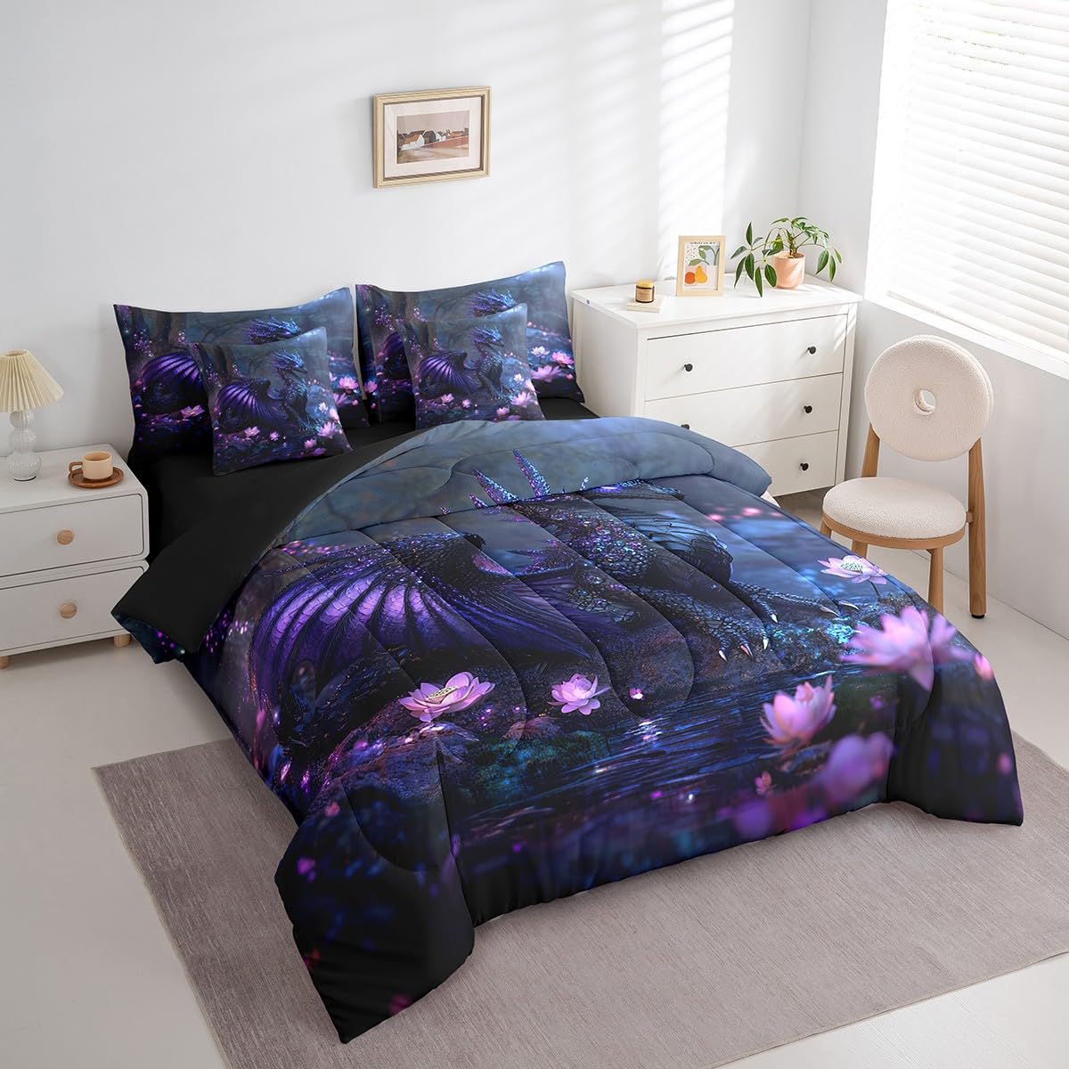 Feelyou Dragon Comforter Set with Sheets Twin Size Dragon Stuff Bed in a Bag for Boys Girls Teens Wild Life 7 Pieces Bedding Set Flower Bed Set Room Decor Black Purple