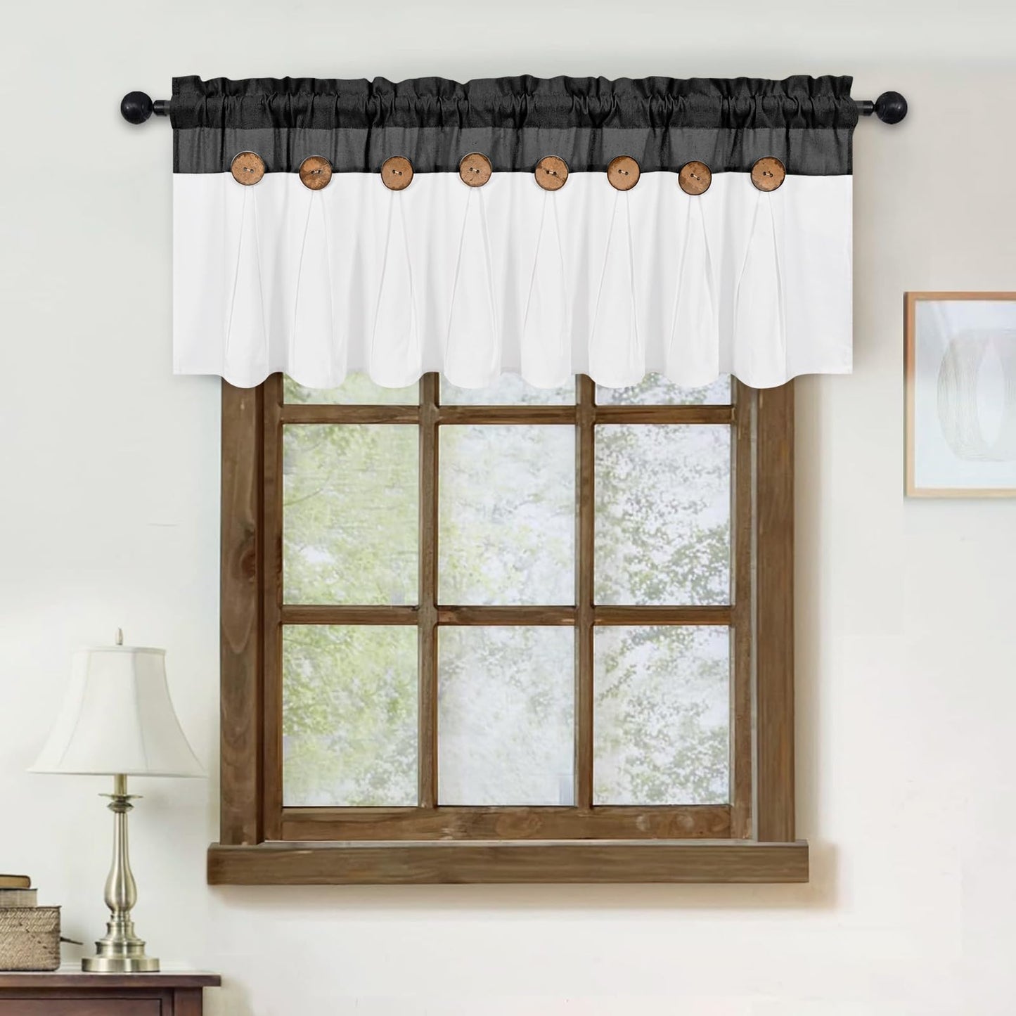 FRAMICS Farmhouse Valance Curtains, Boho Cotton Linen Kitchen Valance, Black Rustic Button Window Valance for Kitchen Bathroom Bedroom, Country Rod Pocket Valances for Windows, Black, 52 x 18 Inch