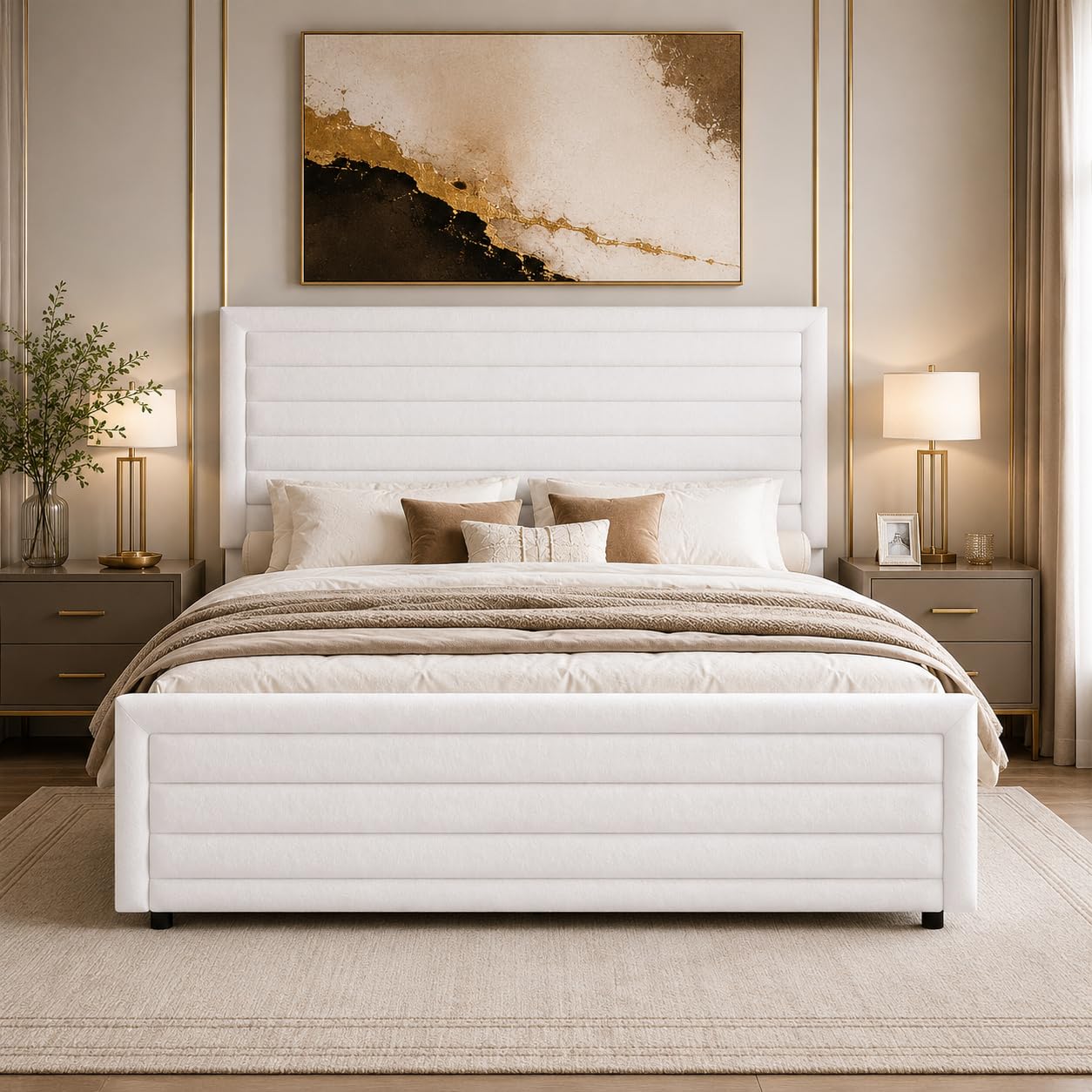 REVOMINCA Full Size Bed Frame, Full Platform Bed Frame with Velvet Upholstered Headboard, No Box Spring Needed, Easy Assembly, White