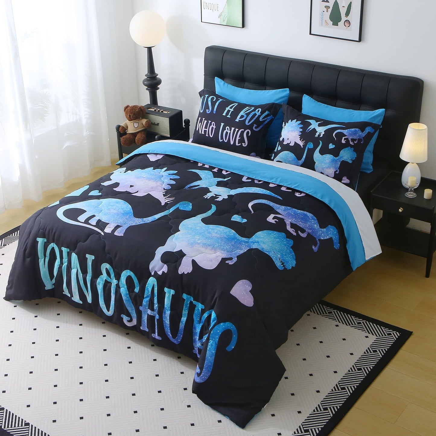 Jameswish 7 Piece Boys Dinosaur Comforter Set Full Size Blue Dinonsaur Soft Microfiber Bed in A Bag with Comforter,Sheet Set,Pillowcase and Sham for Child Teens All Season