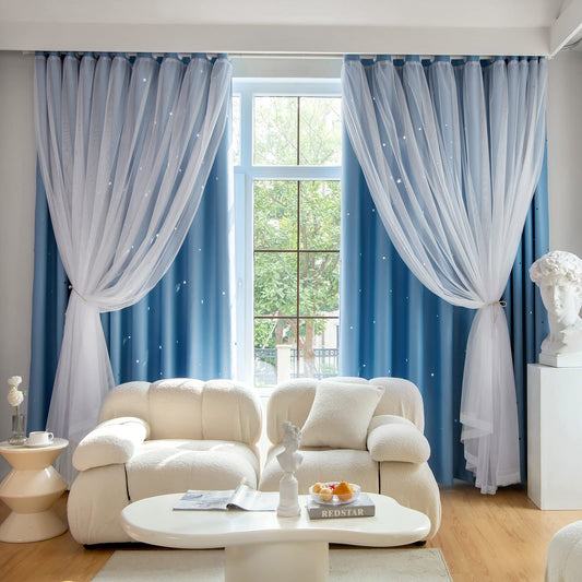 Loyala Star Blackout Curtains for Bedroom - Double Layer, Kids, Cute - 72 Inch Long, Blue, 42 x 72 Inch