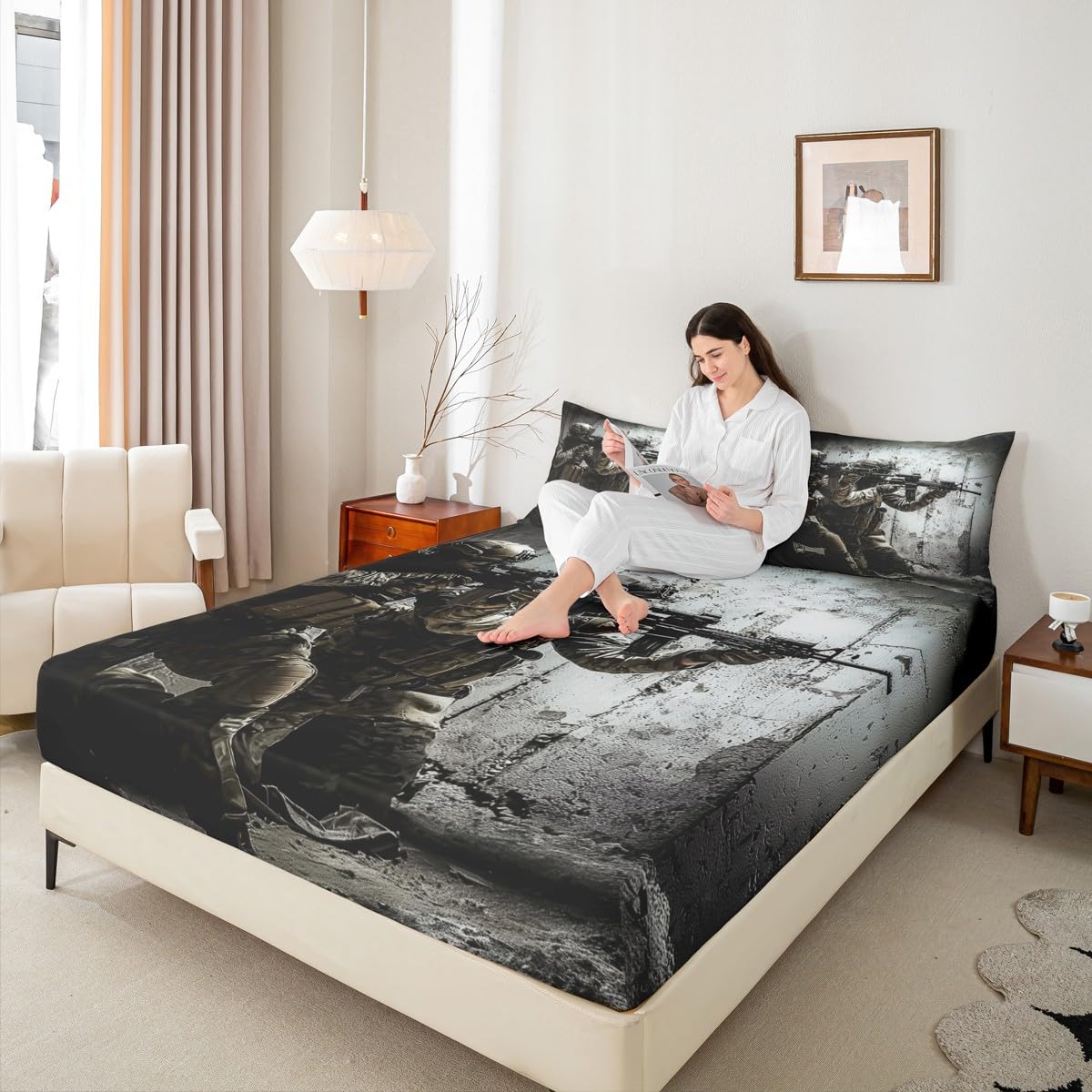 American Soldier Fitted Sheet, Boys Teens Under Mission Sheet Set, Rifle Machine Gun Bedding Set, Army Military Camo Fitted Bed Sheets Twin Camouflage Bedroom Decor for Youth Man No Top Flat Sheet