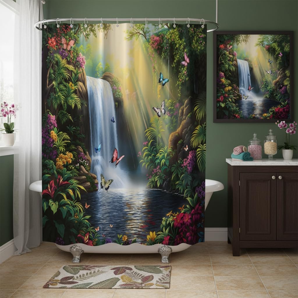 EUBTPA Tropical Waterfall Shower Curtain with Butterflies and Colorful Jungle Flowers, Nature Scenery Bathroom Decor Polyester Fabric Curtains 70X70 Inch