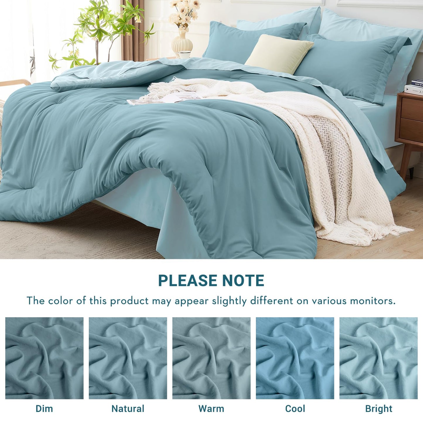 MUXHOMO 7 Pieces King Comforter Set, Soft Bed in a Bag King Size, All Season Bedding Set with Comforter, Flat Sheet, Fitted Sheet, Pillowcases & Shams, Mineral Blue & Light Blue