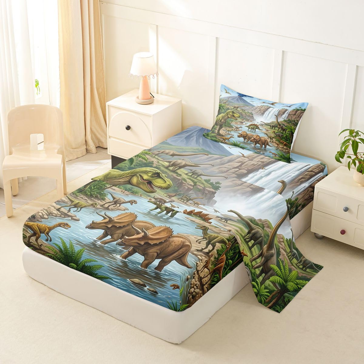 Feelyou Dinosaur Bed Sheets Sets Twin Size Kids Boys Girls 3D Digital Print Bedding Set Jungle Dino Bed Sheet Set with 16-Inch Deep Pockets Wild Animal 3Pcs with 1 Pillow Cases Green Blue and White