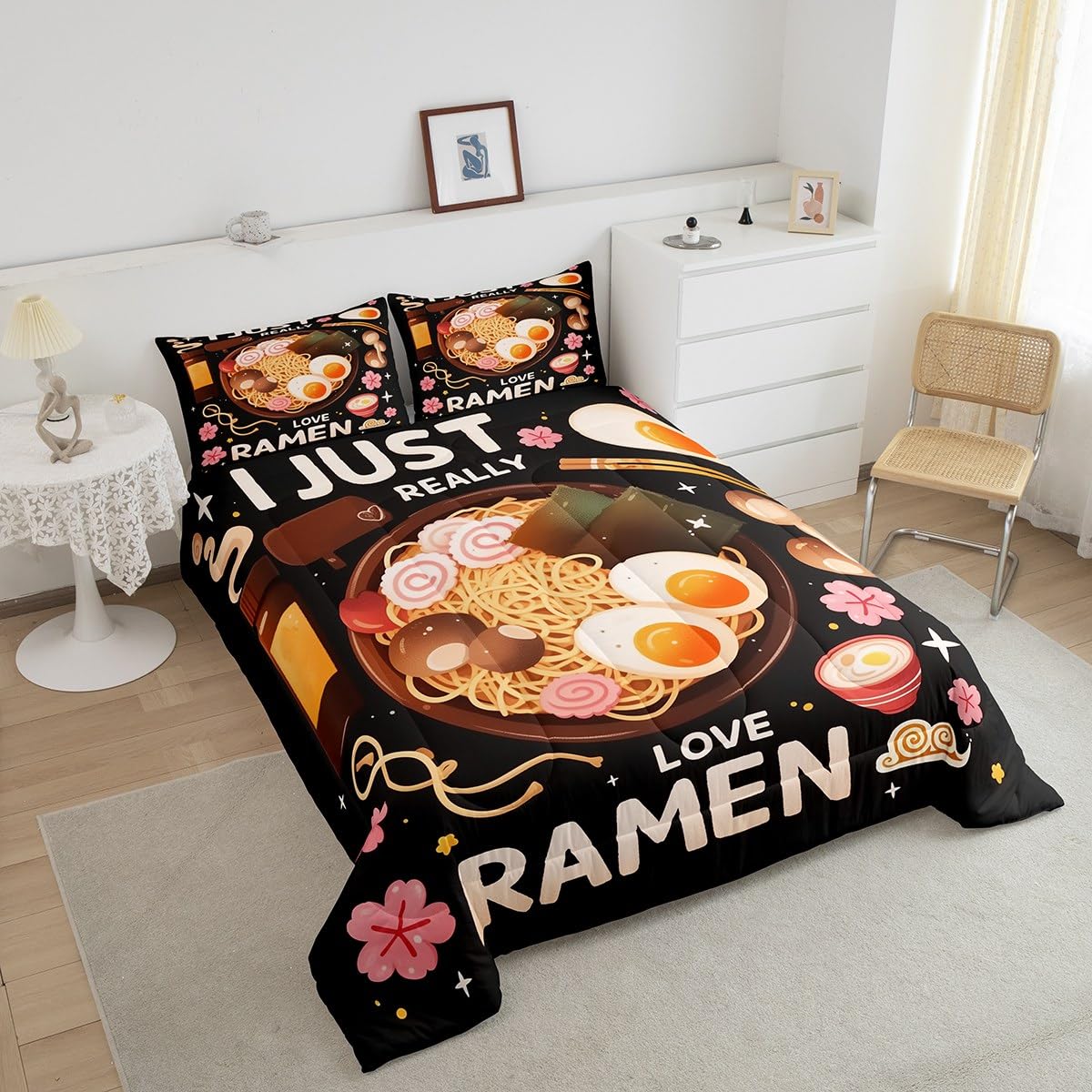 Erosebridal Ramen Noodle Queen Bedding Set,Japanese Style Comforter Set Ramen Gifts for Kids Teen Girls Boys,Pink Cherry Blossom Quilt Bed Set Anime Theme Bed Comforter Sets 3Pcs Bedroom Decor