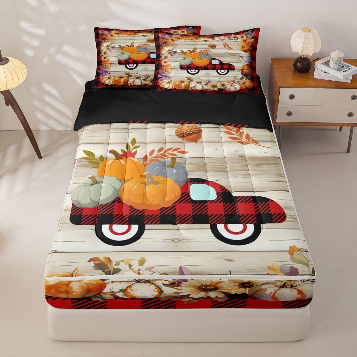 Feelyou Halloween Pumpkin Car Queen Comforter Set with Fitted Sheet Kids Farmhouse Autumn Plants Themed Zipper Bedding Pumpkin Day Zipper Bedding Sets Halloween Style Plaid Print Bed in A Bag
