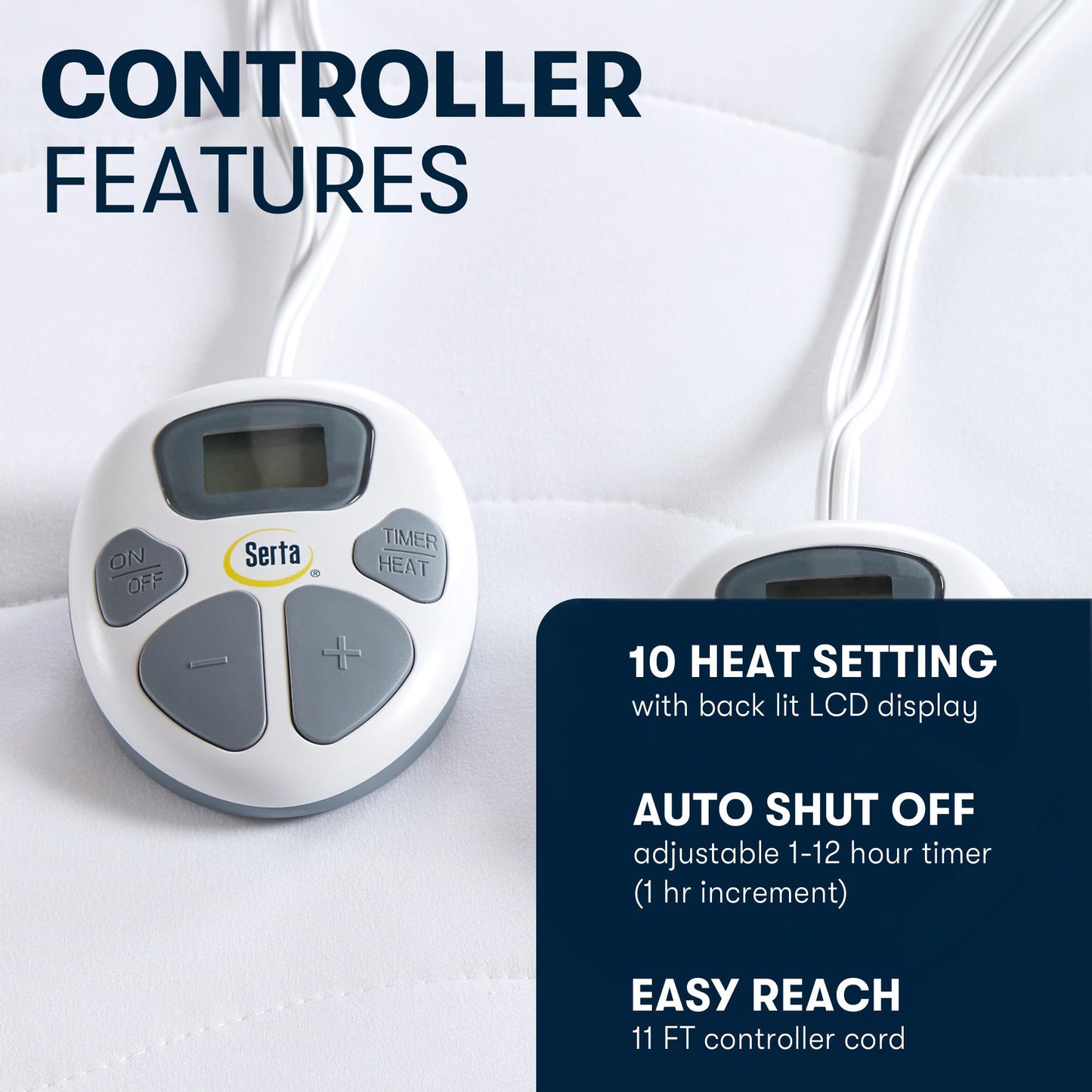 Serta Heated Mattress Pad Queen Size - Electric Mattress Pad, 10 Heat Setting Controller, Auto Shut Off Timer, Deep Elastic Pocket, Up to 17" Mattress, ETL Certified, Machine Wash, Queen, White