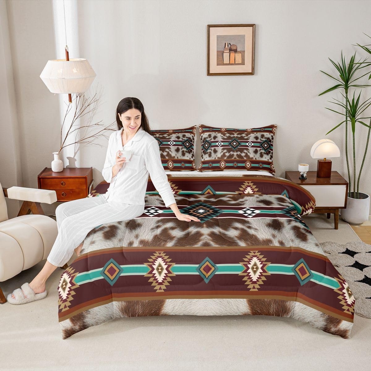 jejeloiu Cowhide Pattern Comforter Set All Season Cow Fur Print Bedding Set with 2 Pillow Cases Boho Geometric Microfiber Kids Queen Bedclothes Western Farm Animal Skin Bedroom Decor Duvet Quilt Soft